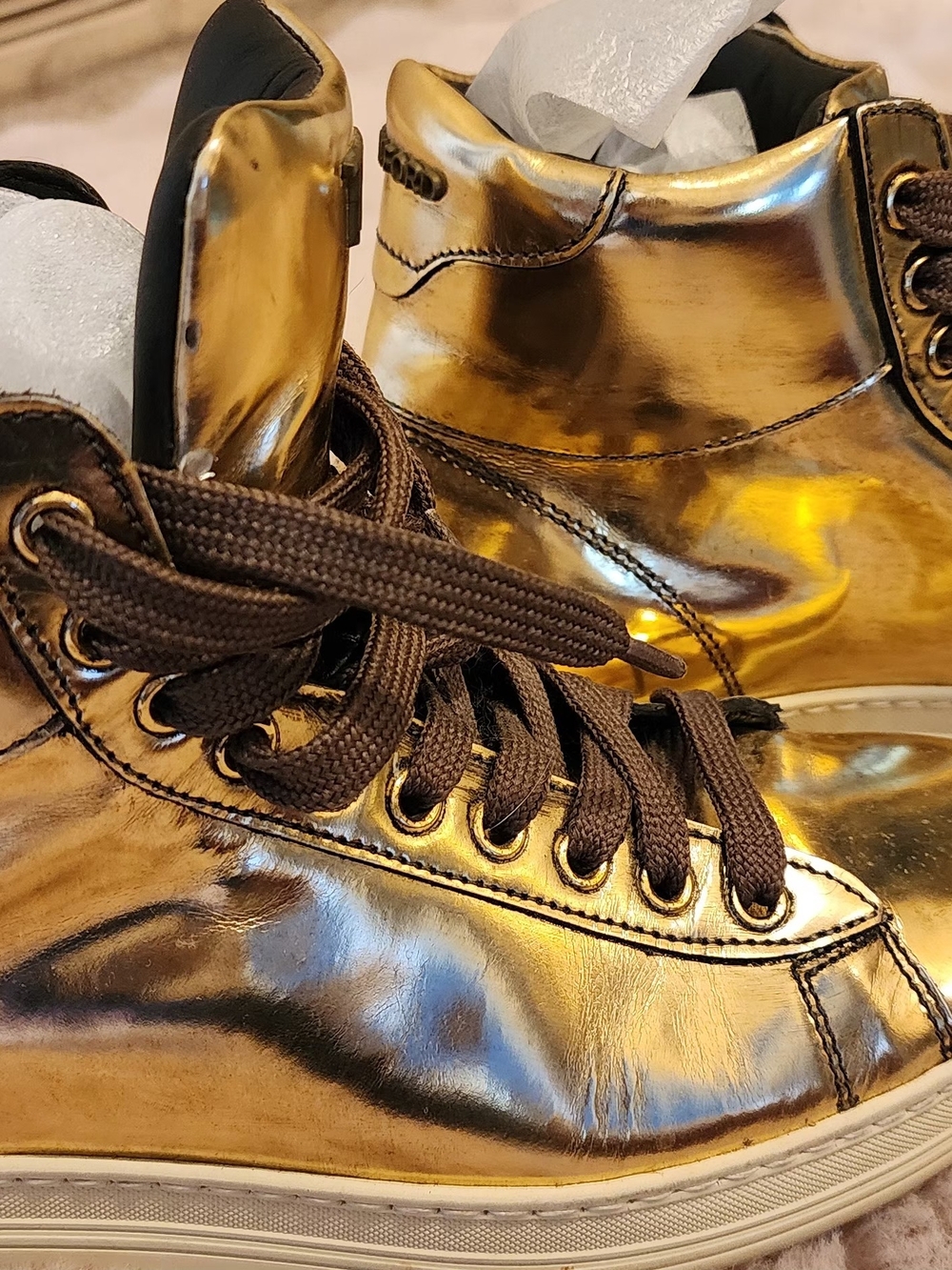 Tom Ford Metallic Gold High-Top Sneakers with Brown Laces